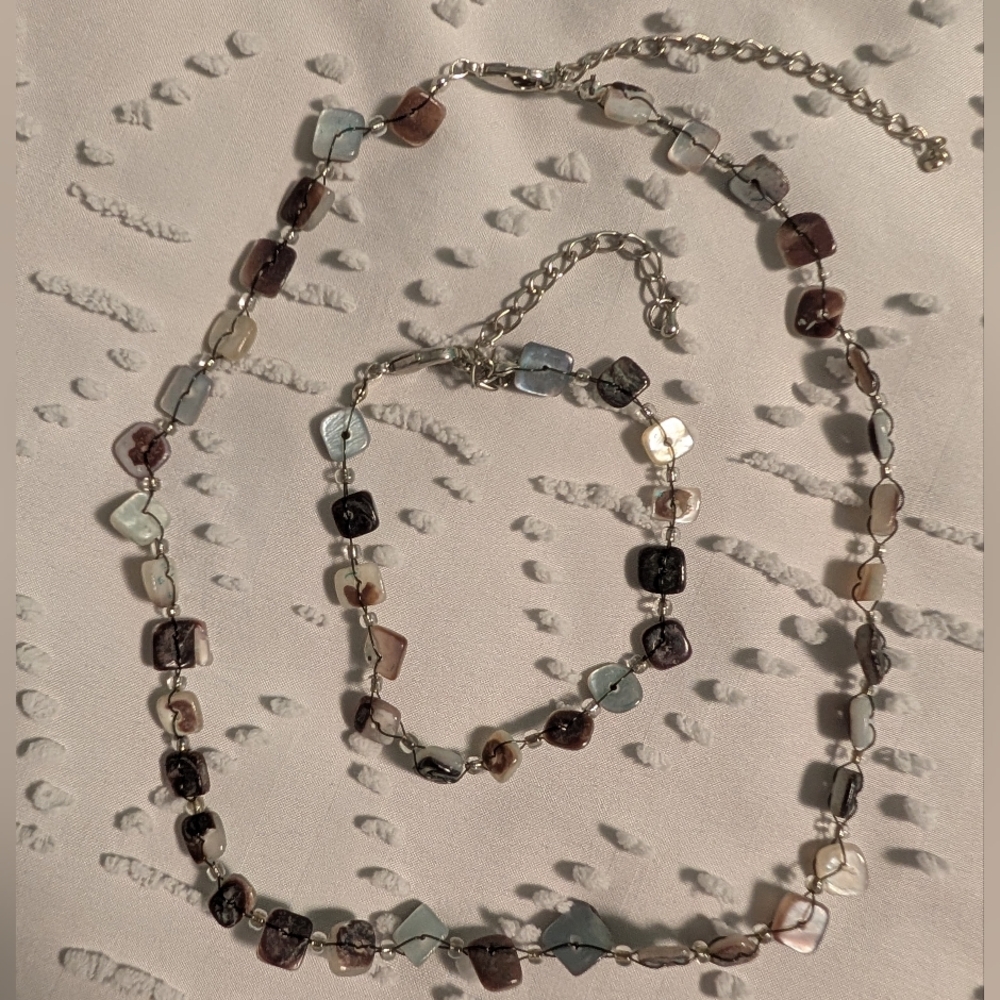 Blue and Gray Multi-Color Beaded Necklace and Bracelet Set
